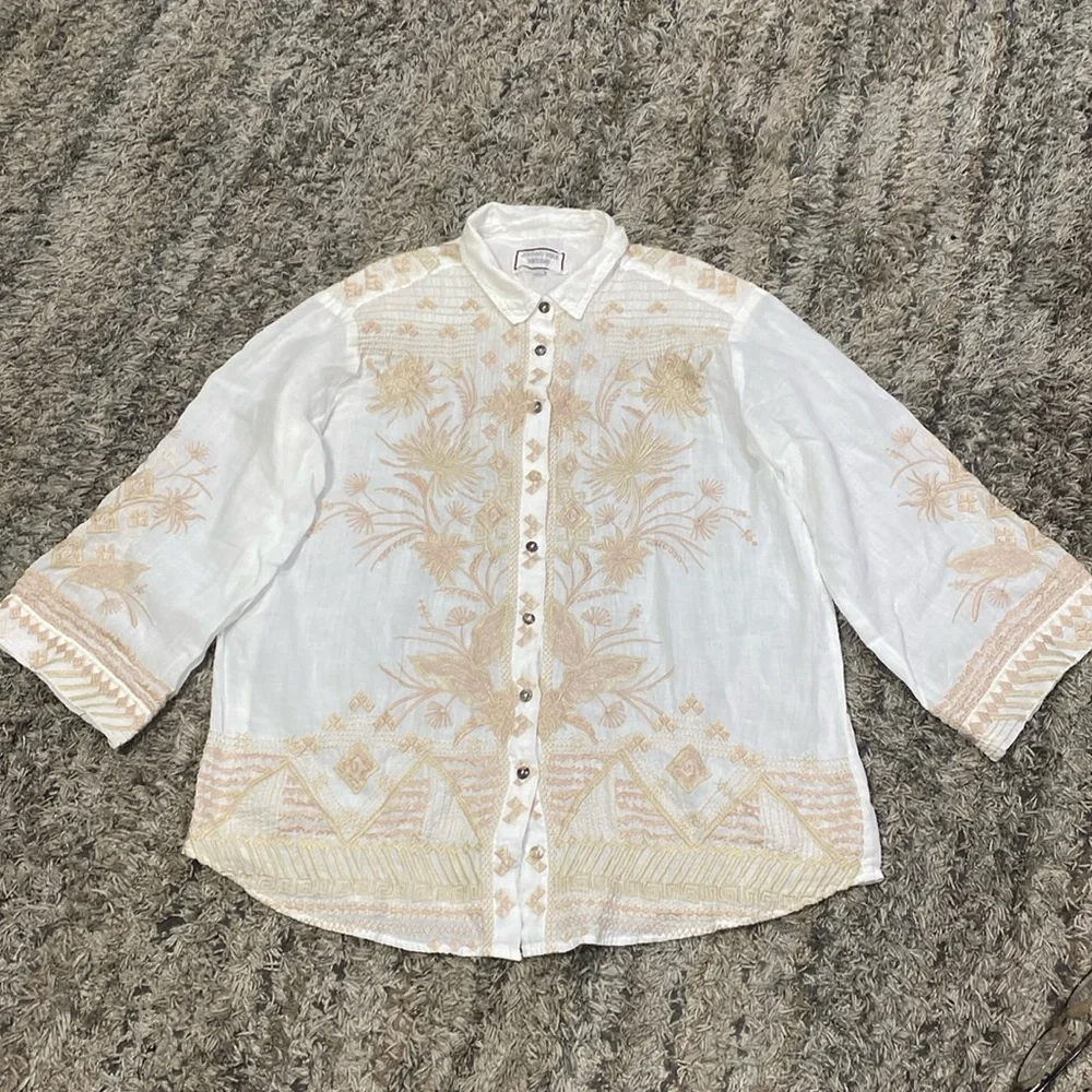 Johnny Was Devere Kimono Sleeve 100% Ramie embroidered button down blous… - Picture 2 of 15